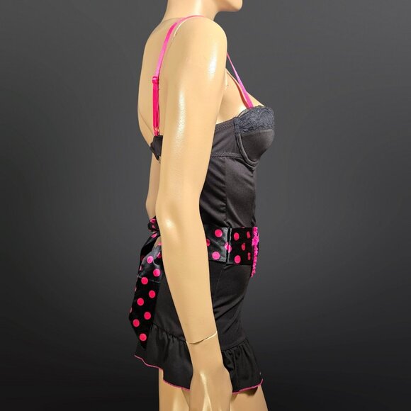 Y2K Rampage Babydoll Lingerie French Maid Mini Dress Size S Black Pink Polka Dot - Picture 4 of 11
